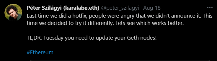توییت پیتر سیلاگی، توسعه‌دهنده نرم‌افزار 
 گث (Geth) در خصوص به روزرسانی امنیتی این کلاینت محبوب
