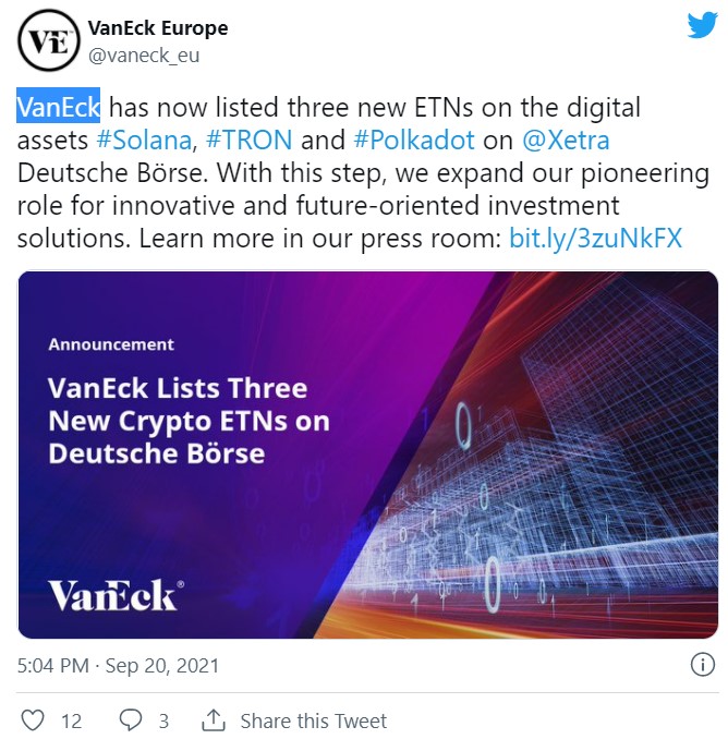 توییت VanEck درباره صندوق های جدید ETN