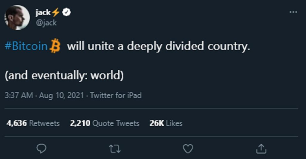 توییت جک دورسی مبنی بر نقش بیت کوین در اتحاد کشورها و صلح جهانی