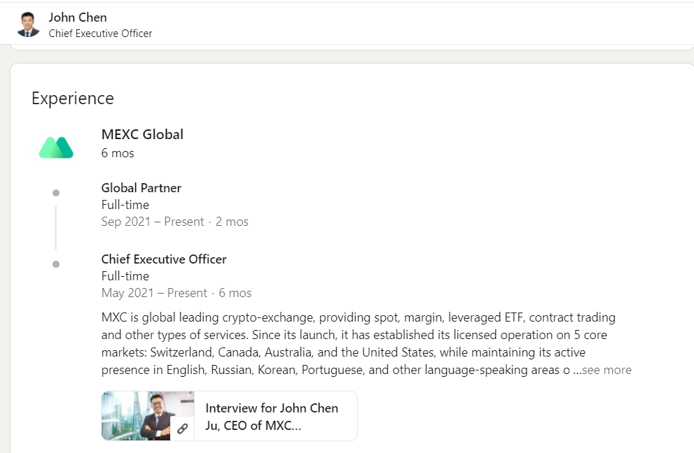 John Chen مدیرعامل صرافی mxc