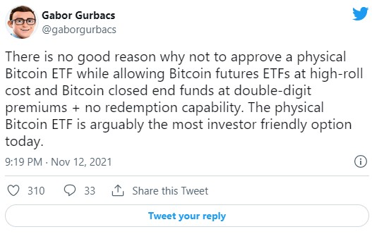 توییت گابور گوربکس درباره رد صندوق اسپات ETF شرکت vanEck