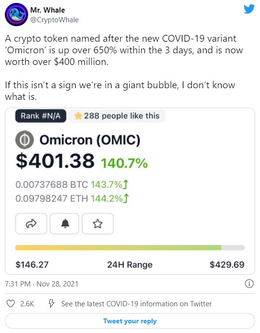 توییت Mr Whale درباره رشد توکن Omicron