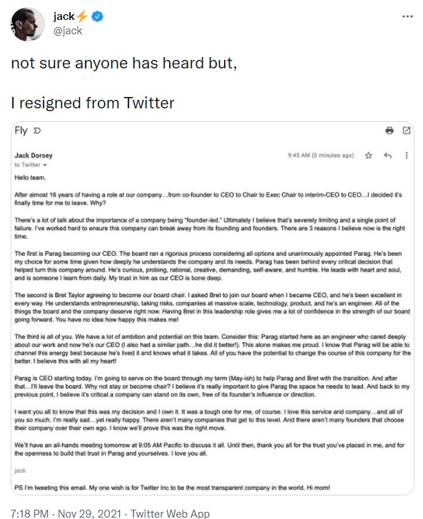 جک دورسی از مدیر عاملی شرکت توییتر کناره‌گیری کرد