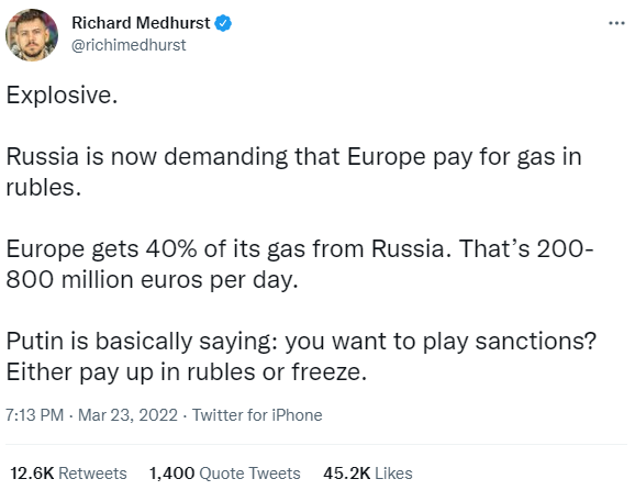 توییت در رابطه با صادرات نفت روسیه با بیت کوین