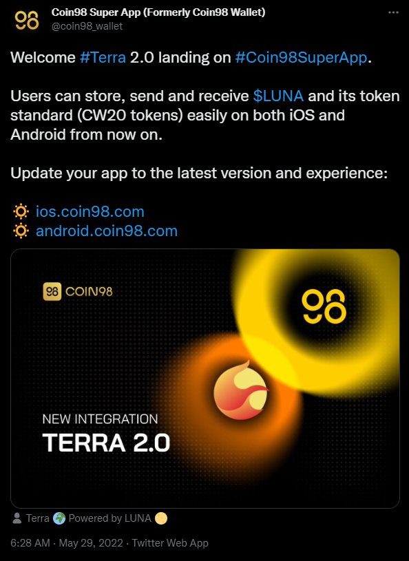 والت Coin98 از شبکه ترا ۲.۰ پشتیبانی خواهد کرد. منبع: twitter