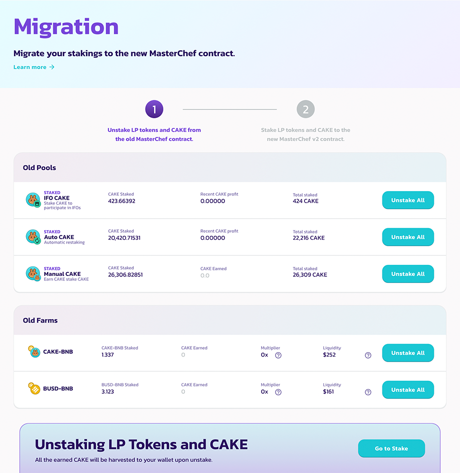 برای مثال در تصویر فوق، کاربر علاوه بر سه اتسخر کیک، در دو فارم نیز سرمایهگذاری کرده است. منبع: docs.pancakeswap.finance