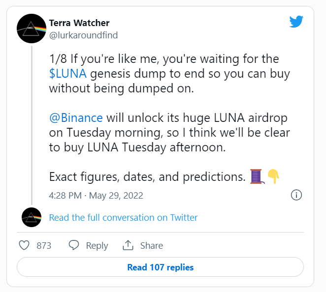 توییت terra watcher در خصوص قیمت لونا ۲