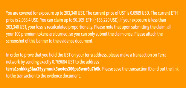 نمونه‌ای از درخواست پروتکل از بیمه‌شونده برای اثبات مالکیت آدرس شبکه ترا. منبع: Unslashed