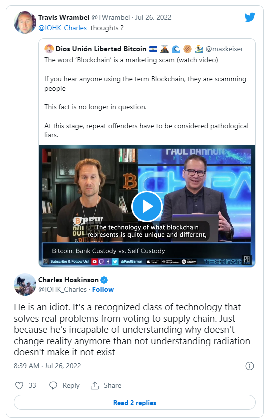 توییت هاسکینسون در خصوص فناوری بلاکچین