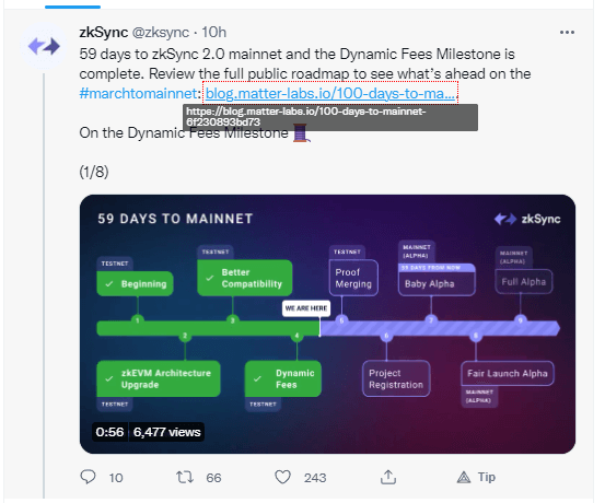 zksync's pinned tweet about when zksync 2.0 mainnet will launch