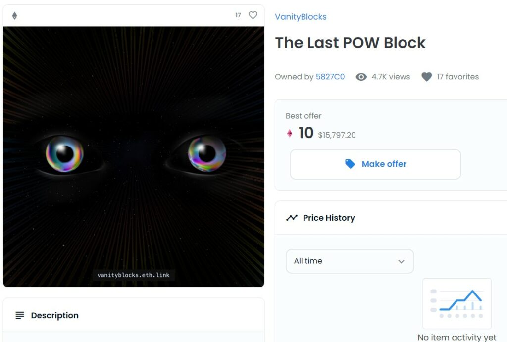 VanityBlock unique token on the latest Ethereum pow block