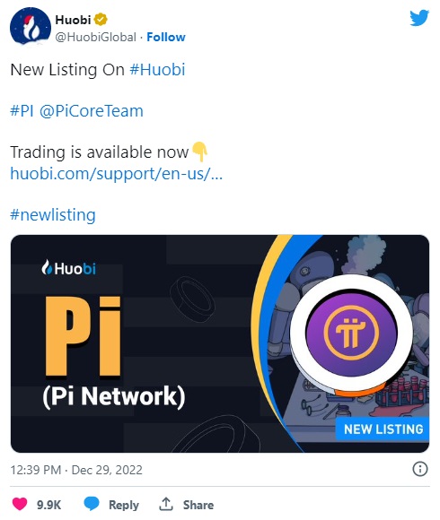 The listing of PI cryptocurrency on the Heobi exchange