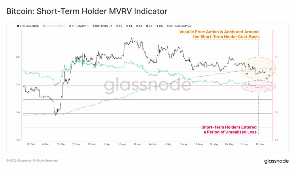 نمودار اندیکاتور MVRV هولدرهای کوتاه‌مدت بیت کوین - منبع: Glassnode