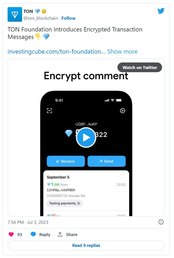 توییت بنیاد TON درباره رونمایی از قابلیت جدید پیام‌رسانی رمزگذاری شده