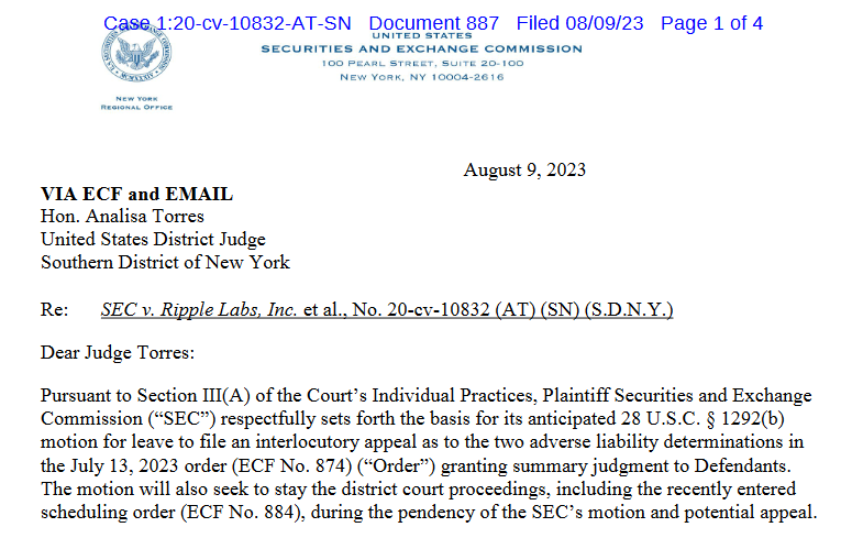 نامه کمیسیون بورس آمریکا به قاضی آنالیسا تورس - منبع: SEC