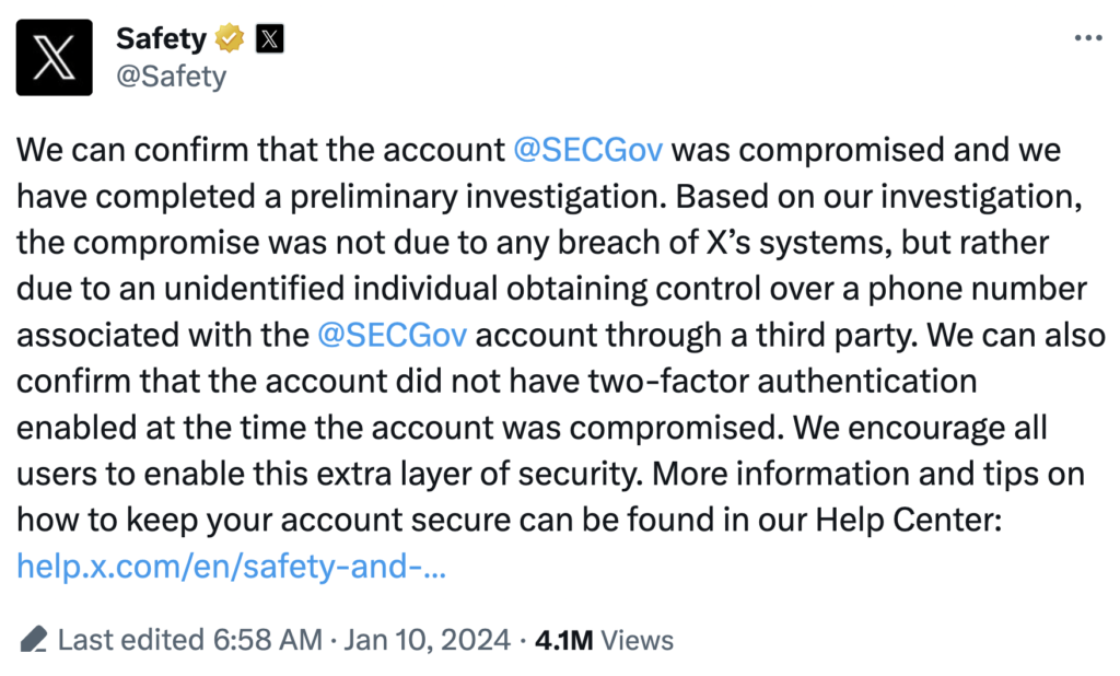 توییت پلتفرم اکس درباره هک SEC