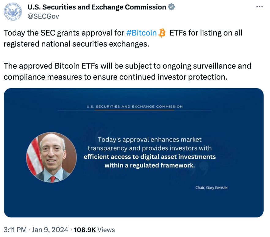 توییت SEC درباره تایید ETFهای اسپات بیت کوین