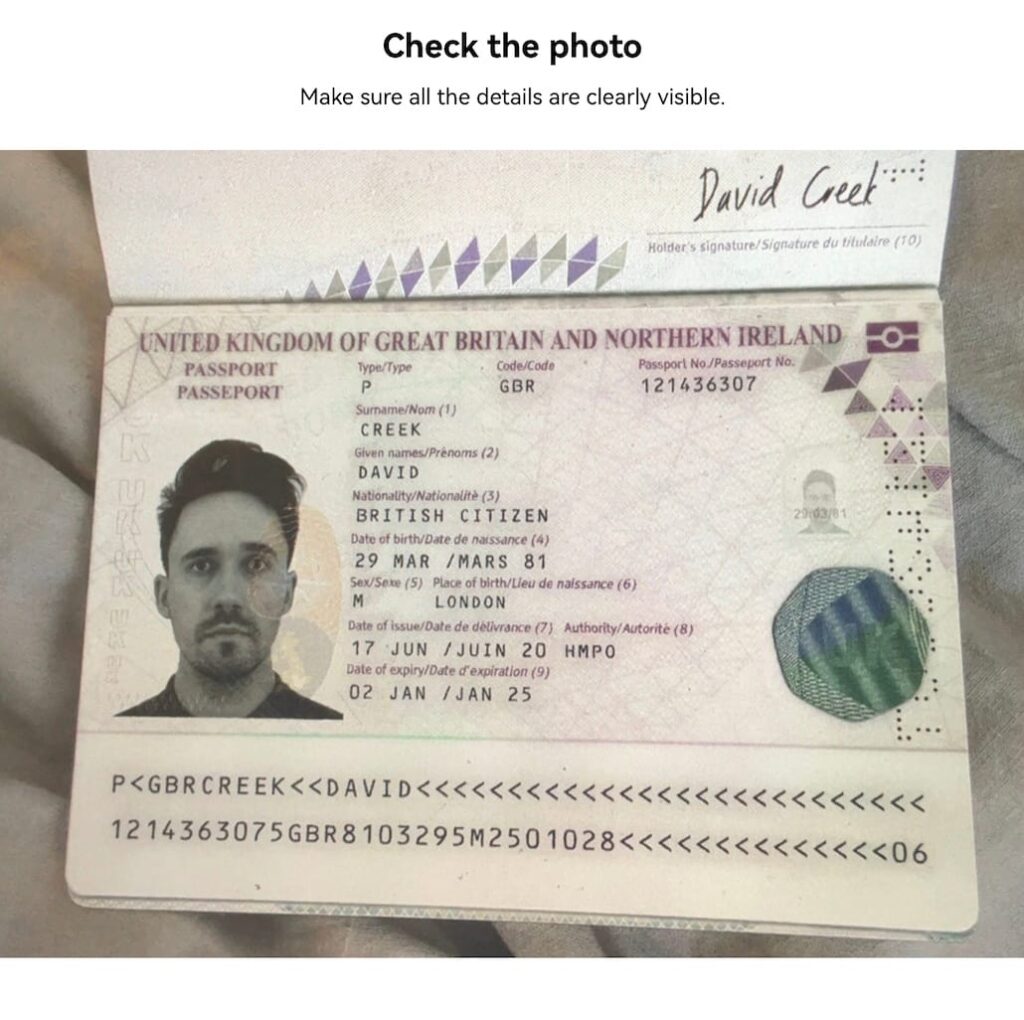 تصویر پاسپورت بریتانیایی که برای دور زدن احراز هویت OKX استفاده شده است - منبع: 404 Media