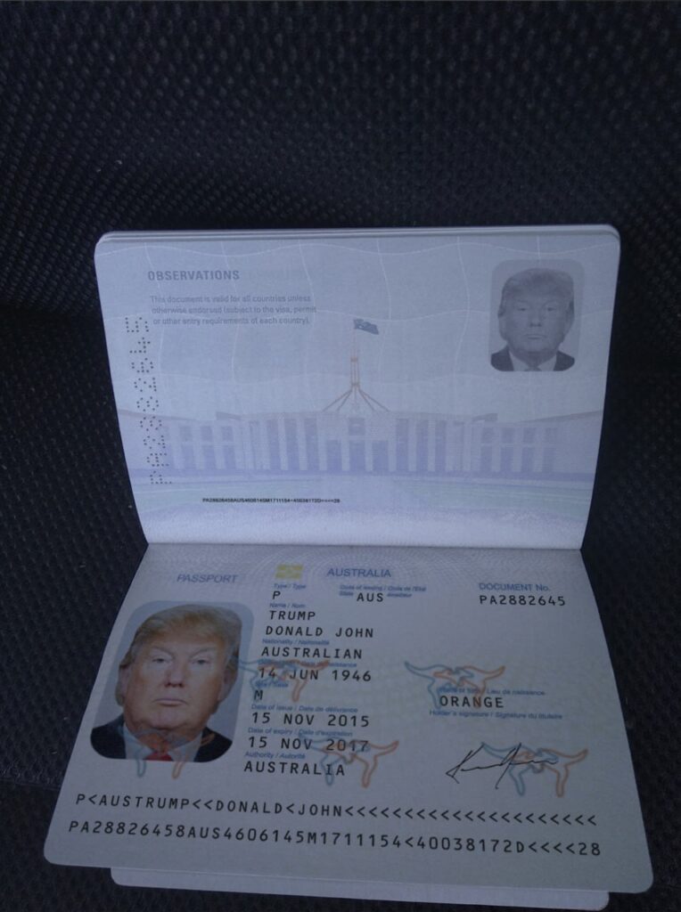 پاسپورت جعلی دونالد ترامپ رییس جمهور آمریکا - منبع: Telegram