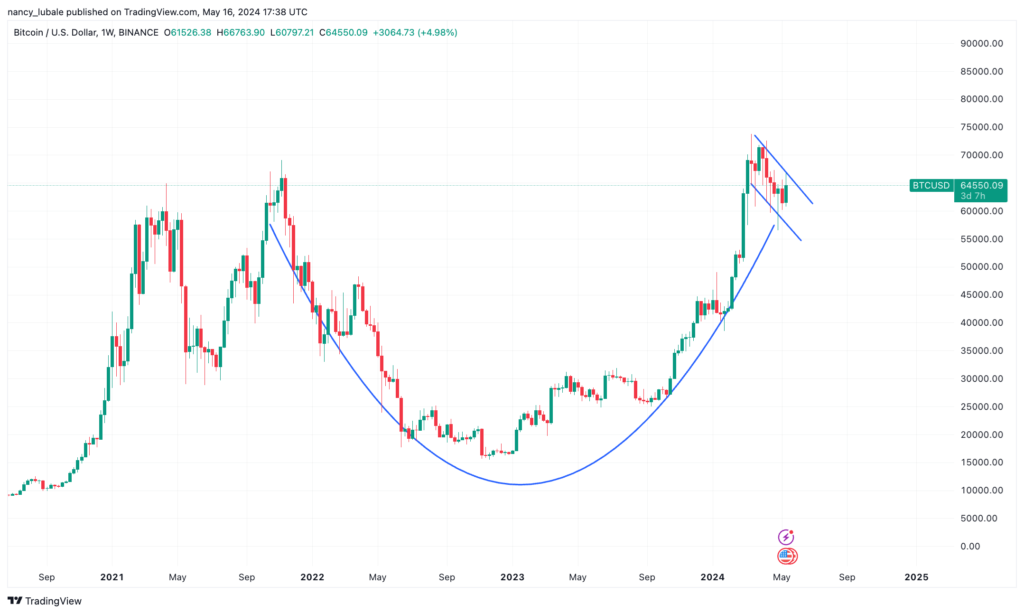 نمودار بیت کوین تایم فریم ۱ هفته - منبع: TradingView