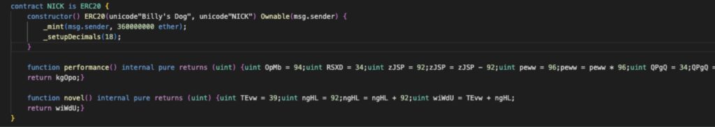بخشی از کد قرارداد هوشمند توکن NICK  - منبع:‌ Roffett.eth