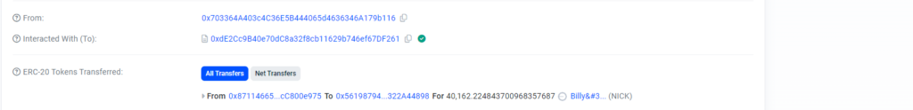 سرقت توکن‌های NICK از حساب یک کاربر - منبع: Basescan