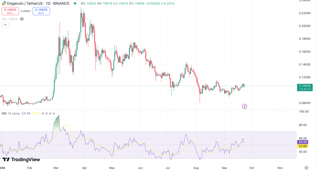 نمودار قیمت دوج کوین (Dogecoin) به همراه اندیکاتور RSI - منبع: TradingView