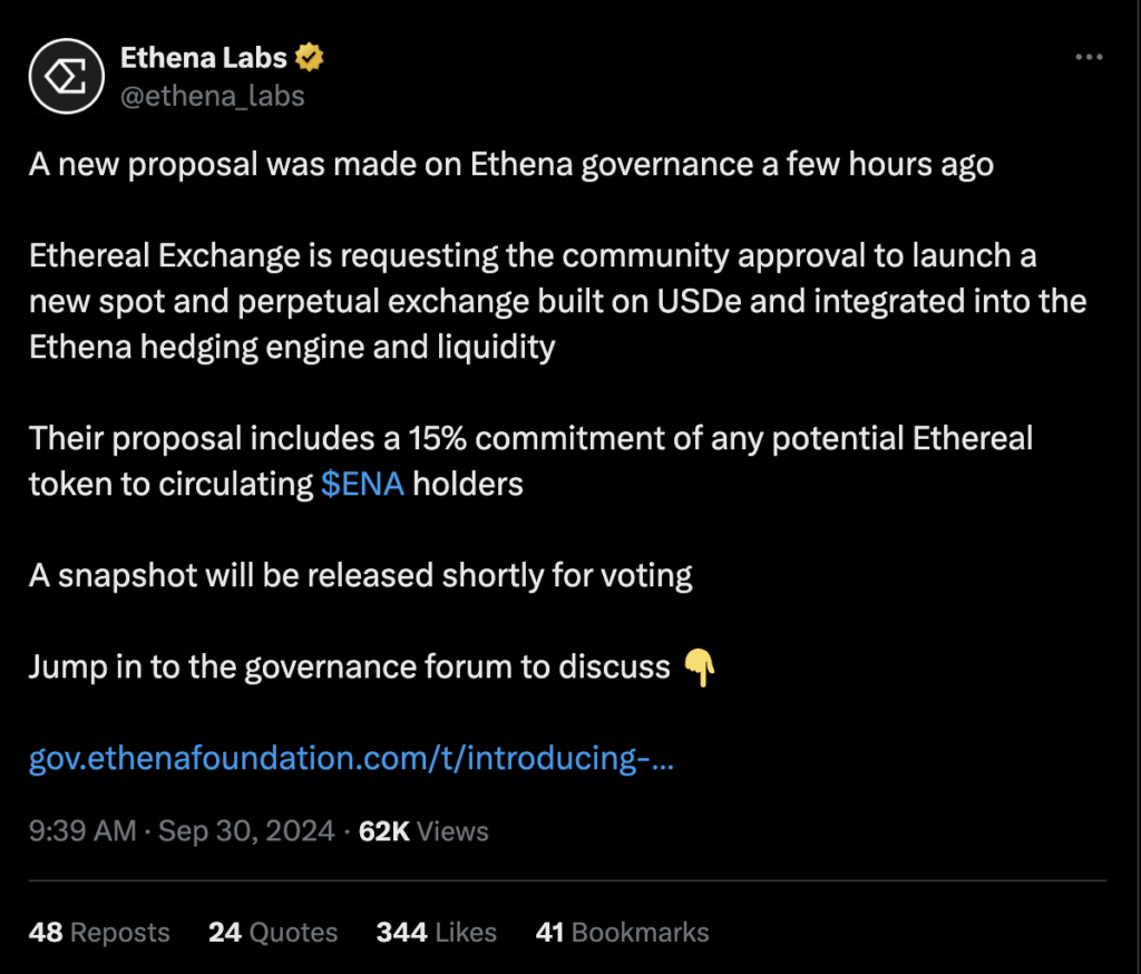 واکنش Ethena Labs در پلتفرم X