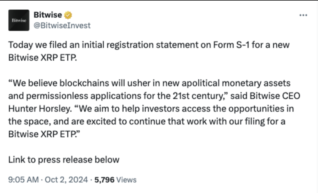 اعلام درخواست راه‌اندازی ETF ریپل - منبع: حساب Bitwise در پلتفرم X