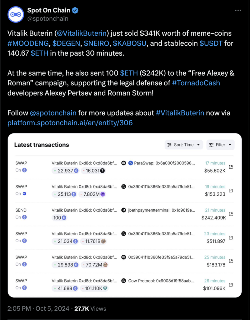 داده‌های پلتفرم Spotonchain درباره فروش گسترده ویتالیک بوترین - منبع: پلتفرم X