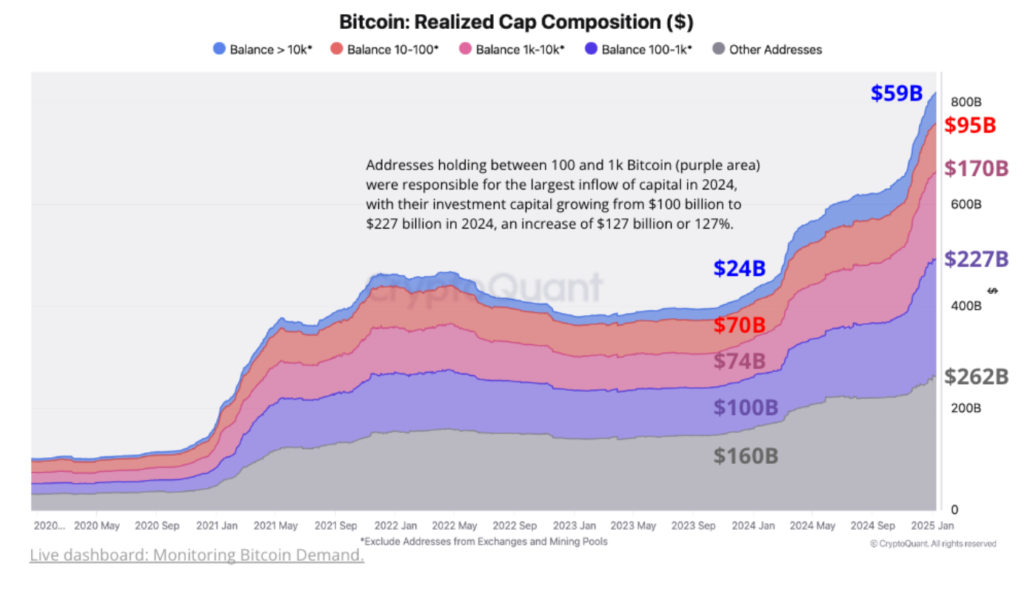 ارزش تحقق‌یافته بیت کوین کیف پول‌های مختلف - منبع: CryptoQuant