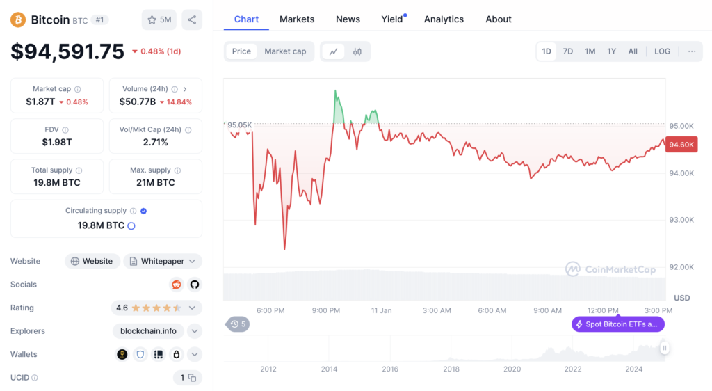 قیمت و اطلاعات بازار بیت کوین - منبع: CoinMarketCap