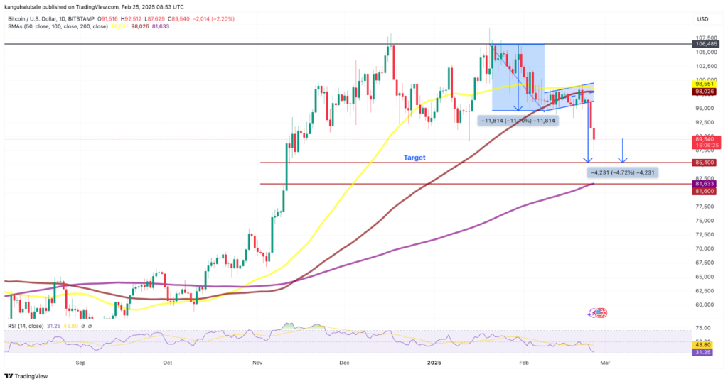 نمودار بیت کوین تایم فریم ۱ روزه - منبع:‌ TradingView