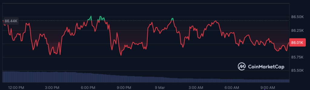 عملکرد قیمت بیت کوین در طول ۲۴ ساعت گذشته - منبع: CoinMarketCap