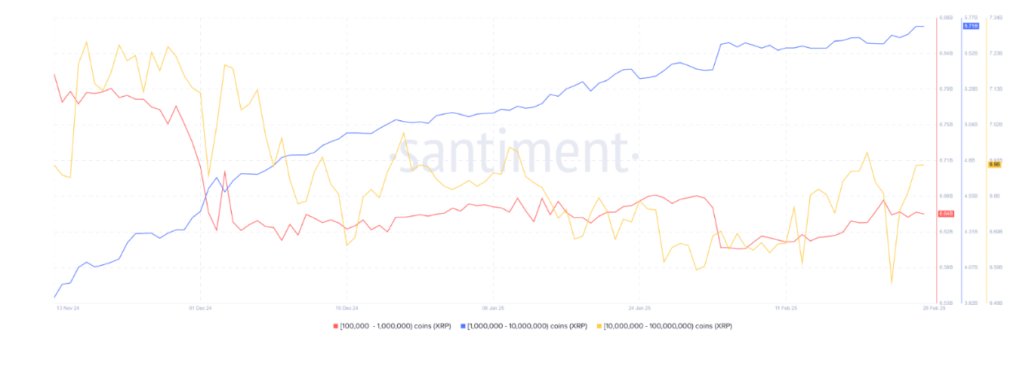 تعداد کل آدرس‌هایی که بین ۱ میلیون تا ۱۰۰ میلیون  XRP هولد دارند - منبع: سنتیمنت