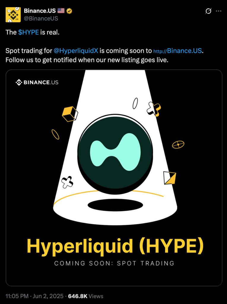 اطلاعیه لیست شدن توکن HYPE در شعبه آمریکایی بایننس - منبع: حساب Binance.US در X