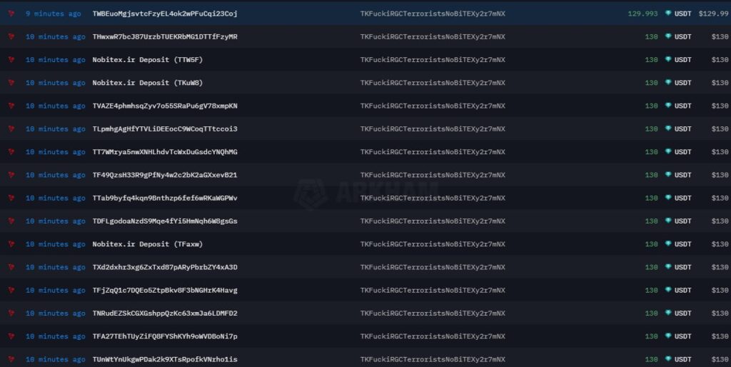 تراکنش‌های اخیر این آدرس - منبع: tronscan