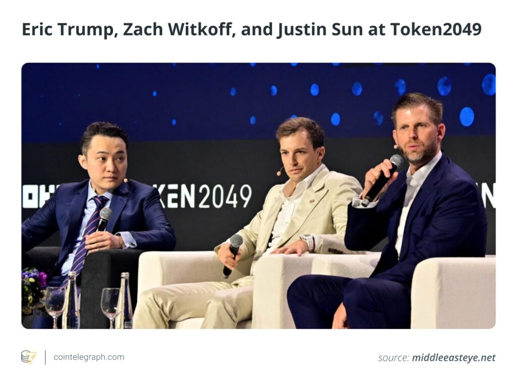 اریک ترامپ، زک ویت‌کاف و جاستین سان در رویداد Token 2049 - منبع: Cointelegraph