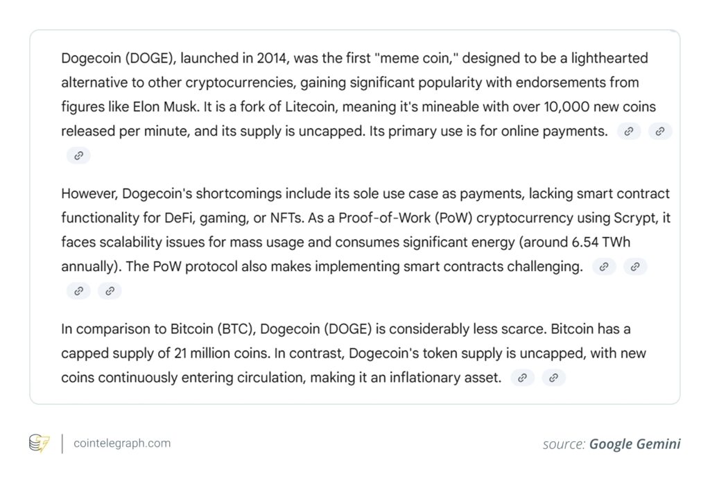نمونه پاسخ هوش مصنوعی جمنای گوگل - منبع: Cointelegraph