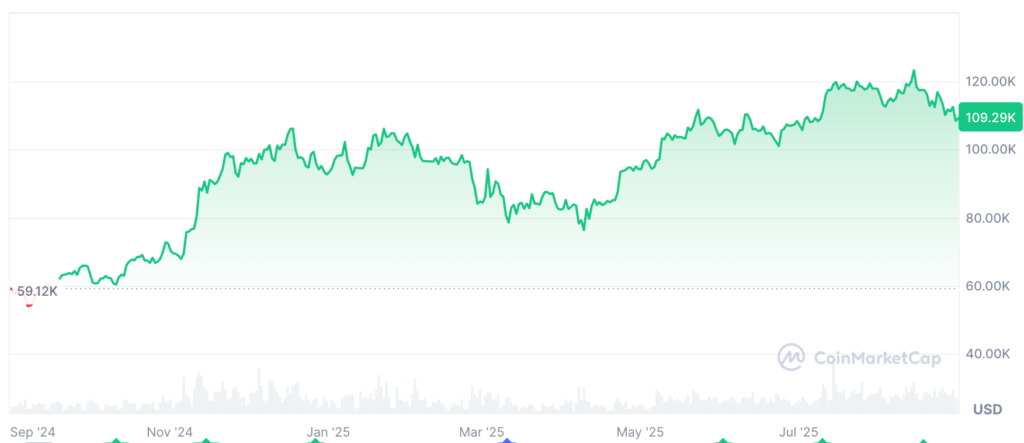 عملکرد قیمت بیت کوین در ۱۲ ماه اخیر - منبع: CoinMarketCap