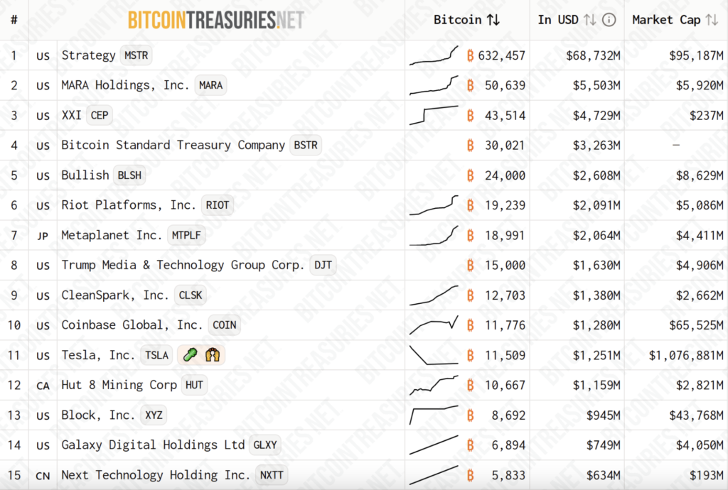 ۱۵ شرکت برتر هولدر بیت کوین - منبع: BitcoinTreasuries