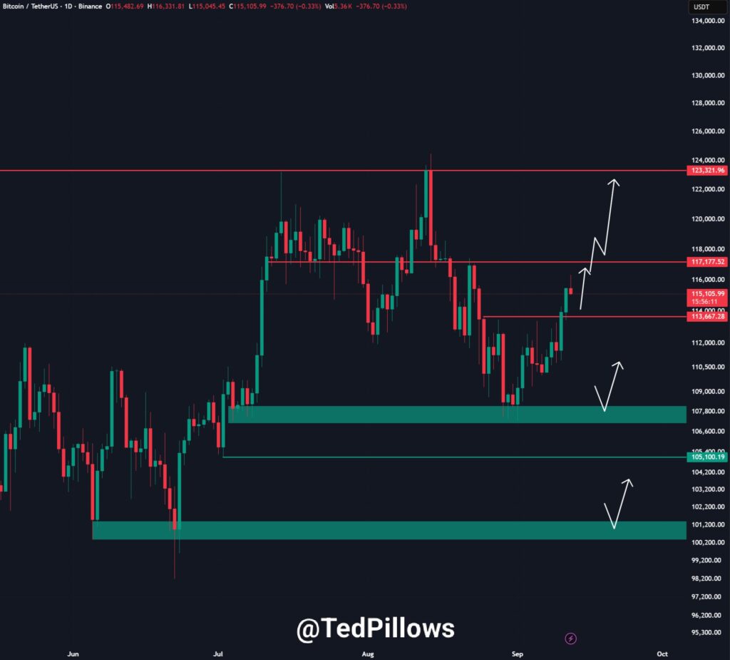 نمودار بیت کوین تایم‌فریم ۱ روزه - منبع: Ted Pillows/X