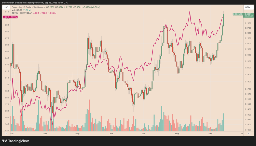 قیمت دوج کوین در مقایسه با ارزش کل بازار کریپتو - منبع: TradingView