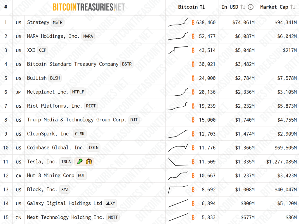 بزرگترین شرکت‌های هولدر بیت کوین - منبع: BitcoinTreasuries.NET