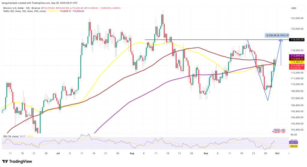 نمودار بیت کوین تایم فریم ۱۲ روزه - منبع: TradingView