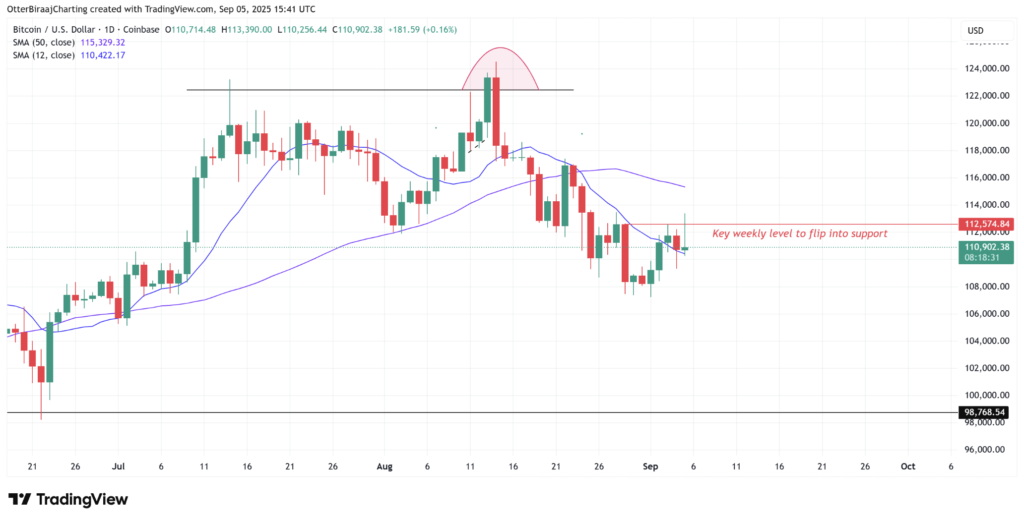 نمودار قیمت بیت کوین در تایم‌فریم ۱ روزه - منبع: TradingView