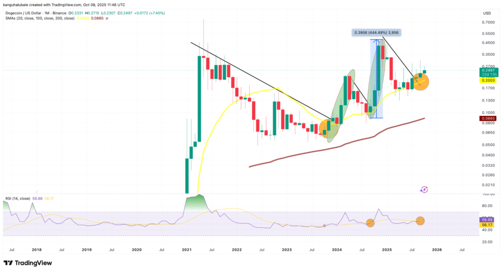 نمودار قیمت دوج کوین در تایم‌فریم ماهانه - منبع: TradingView