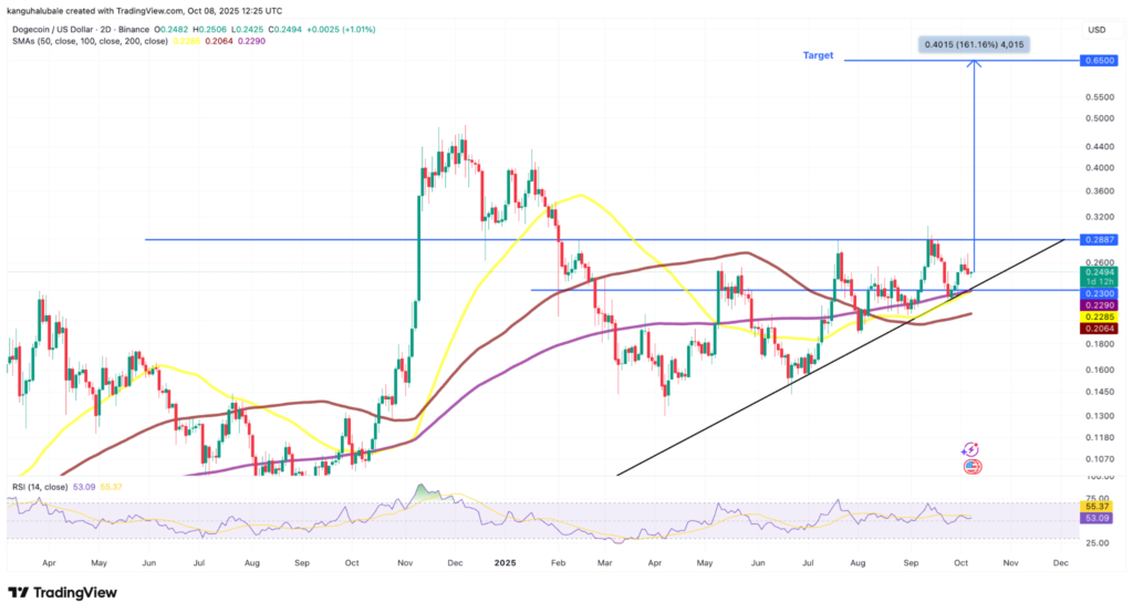 نمودار قیمت دوج کوین در تایم‌فریم ۲ روزه - منبع: TradingView