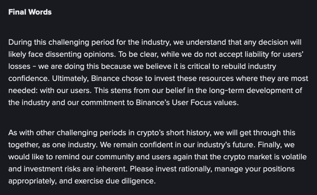 بخشی از بیانیه اخیر بایننس درباره سقوط شدید بازار کریپتو - منبع: Binance