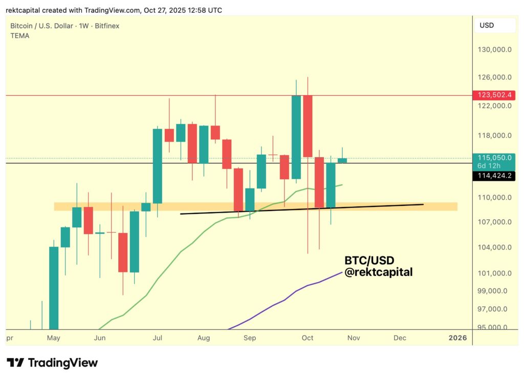 نمودار هفتگی قیمت بیت کوین - منبع: Rekt Capital